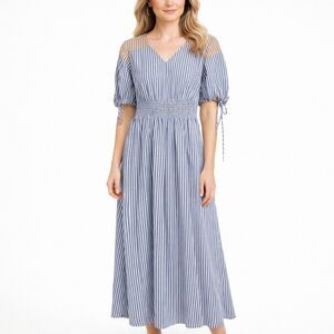 LOFT Blue White Striped Maxi Dress Smocked Waist Puff Sleeve Boho Size S